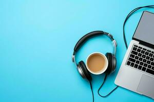 Music or podcast background with electronic devices, headphones, coffee and laptop on office desk concept by AI Generated photo