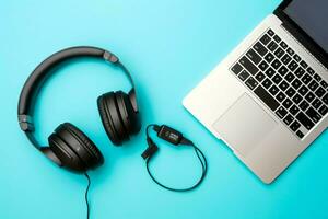 Music or podcast background with electronic devices, headphones, coffee and laptop on office desk concept by AI Generated photo