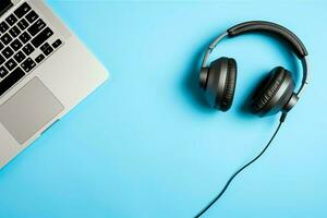 Music or podcast background with electronic devices, headphones, coffee and laptop on office desk concept by AI Generated photo