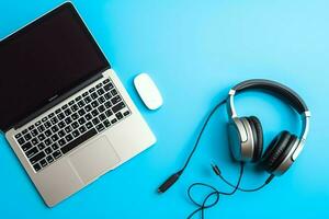 Music or podcast background with electronic devices, headphones, coffee and laptop on office desk concept by AI Generated photo