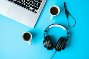 Music or podcast background with electronic devices, headphones, coffee and laptop on office desk concept by AI Generated photo