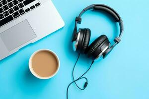 Music or podcast background with electronic devices, headphones, coffee and laptop on office desk concept by AI Generated photo