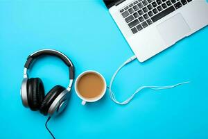 música o podcast antecedentes con electrónico dispositivos, auriculares, café y ordenador portátil en oficina escritorio concepto por ai generado foto