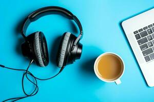 música o podcast antecedentes con electrónico dispositivos, auriculares, café y ordenador portátil en oficina escritorio concepto por ai generado foto