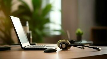 Music or podcast background with electronic devices, headphones, coffee and laptop on office desk concept by AI Generated photo