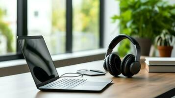 Music or podcast background with electronic devices, headphones, coffee and laptop on office desk concept by AI Generated photo