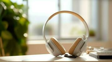 música o podcast antecedentes con electrónico dispositivos, auriculares, café y ordenador portátil en oficina escritorio concepto por ai generado foto