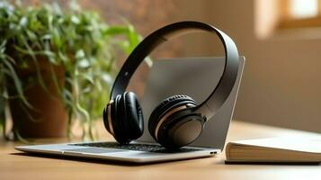 Music or podcast background with electronic devices, headphones, coffee and laptop on office desk concept by AI Generated photo