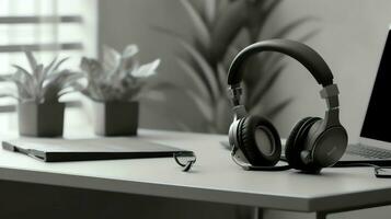 Music or podcast background with electronic devices, headphones, coffee and laptop on office desk concept by AI Generated photo