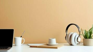 Music or podcast background with electronic devices, headphones, coffee and laptop on office desk concept by AI Generated photo