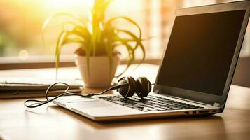 Music or podcast background with electronic devices, headphones, coffee and laptop on office desk concept by AI Generated photo