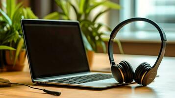 Music or podcast background with electronic devices, headphones, coffee and laptop on office desk concept by AI Generated photo