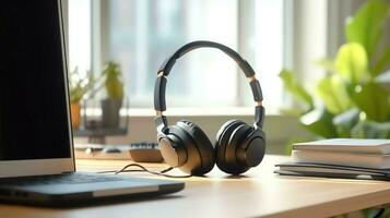 Music or podcast background with electronic devices, headphones, coffee and laptop on office desk concept by AI Generated photo