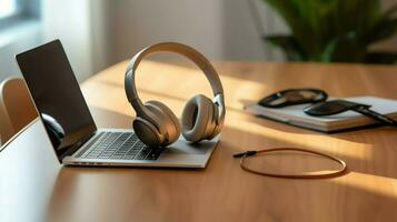 Music or podcast background with electronic devices, headphones, coffee and laptop on office desk concept by AI Generated photo