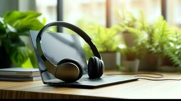 música o podcast antecedentes con electrónico dispositivos, auriculares, café y ordenador portátil en oficina escritorio concepto por ai generado foto