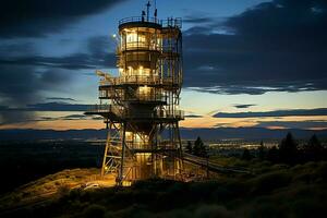 hermosa ver alto voltaje eléctrico o telecomunicaciones antena inalámbrico torre con verde campo concepto por ai generado foto