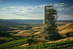 hermosa ver alto voltaje eléctrico o telecomunicaciones antena inalámbrico torre con verde campo concepto por ai generado foto