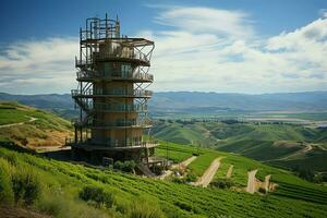 Beautiful view high voltage electric or telecommunications antenna wireless tower with green field concept by AI Generated photo