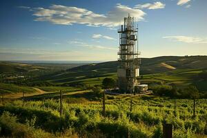 hermosa ver alto voltaje eléctrico o telecomunicaciones antena inalámbrico torre con verde campo concepto por ai generado foto