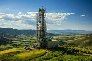 Beautiful view high voltage electric or telecommunications antenna wireless tower with green field concept by AI Generated photo