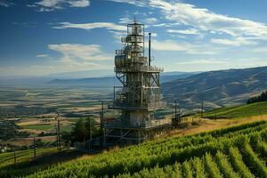 hermosa ver alto voltaje eléctrico o telecomunicaciones antena inalámbrico torre con verde campo concepto por ai generado foto