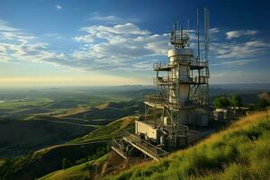 hermosa ver alto voltaje eléctrico o telecomunicaciones antena inalámbrico torre con verde campo concepto por ai generado foto