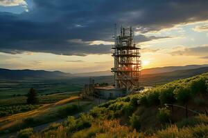 hermosa ver alto voltaje eléctrico o telecomunicaciones antena inalámbrico torre con verde campo concepto por ai generado foto