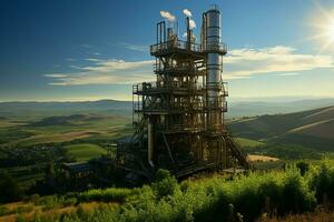 hermosa ver alto voltaje eléctrico o telecomunicaciones antena inalámbrico torre con verde campo concepto por ai generado foto