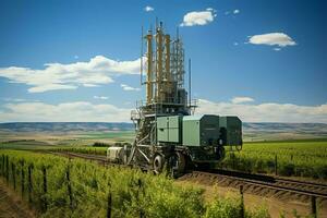 hermosa ver alto voltaje eléctrico o telecomunicaciones antena inalámbrico torre con verde campo concepto por ai generado foto