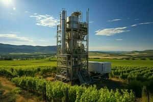 hermosa ver alto voltaje eléctrico o telecomunicaciones antena inalámbrico torre con verde campo concepto por ai generado foto