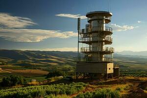 hermosa ver alto voltaje eléctrico o telecomunicaciones antena inalámbrico torre con verde campo concepto por ai generado foto