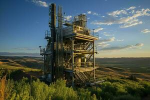 hermosa ver alto voltaje eléctrico o telecomunicaciones antena inalámbrico torre con verde campo concepto por ai generado foto