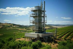 hermosa ver alto voltaje eléctrico o telecomunicaciones antena inalámbrico torre con verde campo concepto por ai generado foto