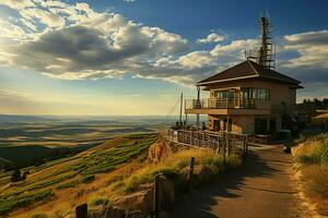 Beautiful view high voltage electric or telecommunications antenna wireless tower with green field concept by AI Generated photo