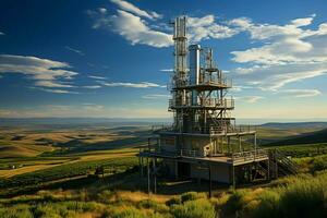 hermosa ver alto voltaje eléctrico o telecomunicaciones antena inalámbrico torre con verde campo concepto por ai generado foto