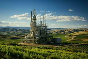 hermosa ver alto voltaje eléctrico o telecomunicaciones antena inalámbrico torre con verde campo concepto por ai generado foto