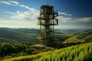 hermosa ver alto voltaje eléctrico o telecomunicaciones antena inalámbrico torre con verde campo concepto por ai generado foto