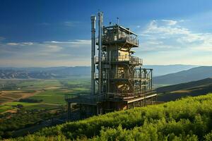 hermosa ver alto voltaje eléctrico o telecomunicaciones antena inalámbrico torre con verde campo concepto por ai generado foto