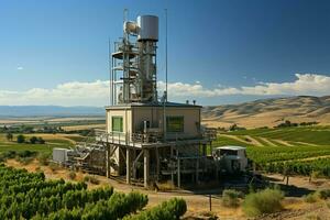 hermosa ver alto voltaje eléctrico o telecomunicaciones antena inalámbrico torre con verde campo concepto por ai generado foto