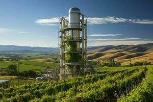 hermosa ver alto voltaje eléctrico o telecomunicaciones antena inalámbrico torre con verde campo concepto por ai generado foto