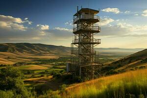 hermosa ver alto voltaje eléctrico o telecomunicaciones antena inalámbrico torre con verde campo concepto por ai generado foto