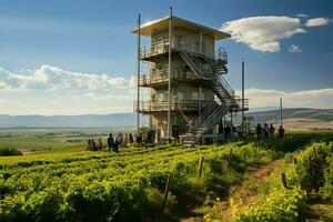 Beautiful view high voltage electric or telecommunications antenna wireless tower with green field concept by AI Generated photo