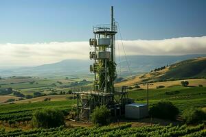 hermosa ver alto voltaje eléctrico o telecomunicaciones antena inalámbrico torre con verde campo concepto por ai generado foto