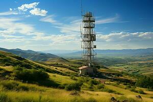 hermosa ver alto voltaje eléctrico o telecomunicaciones antena inalámbrico torre con verde campo concepto por ai generado foto