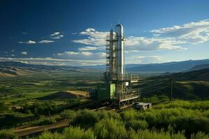 hermosa ver alto voltaje eléctrico o telecomunicaciones antena inalámbrico torre con verde campo concepto por ai generado foto