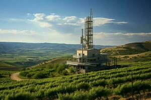 Beautiful view high voltage electric or telecommunications antenna wireless tower with green field concept by AI Generated photo