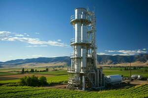 hermosa ver alto voltaje eléctrico o telecomunicaciones antena inalámbrico torre con verde campo concepto por ai generado foto