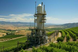 hermosa ver alto voltaje eléctrico o telecomunicaciones antena inalámbrico torre con verde campo concepto por ai generado foto