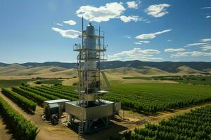 hermosa ver alto voltaje eléctrico o telecomunicaciones antena inalámbrico torre con verde campo concepto por ai generado foto