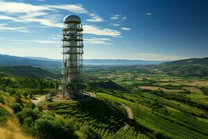 hermosa ver alto voltaje eléctrico o telecomunicaciones antena inalámbrico torre con verde campo concepto por ai generado foto